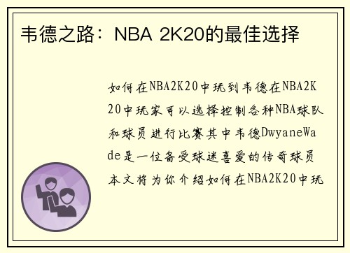 韦德之路：NBA 2K20的最佳选择