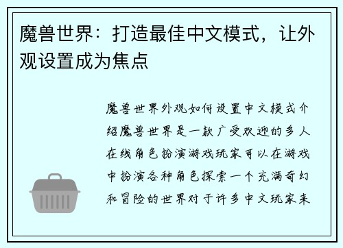 魔兽世界：打造最佳中文模式，让外观设置成为焦点