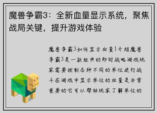 魔兽争霸3：全新血量显示系统，聚焦战局关键，提升游戏体验